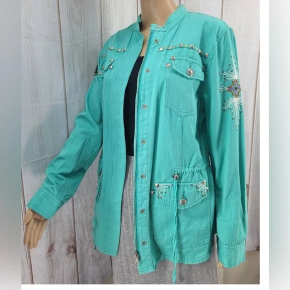 Double D Ranch Embroidered Studded Turquoise Jacket Blazer Western. Size XS - Picture 2 of 16